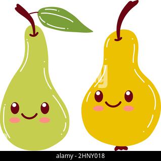 Divertente simpatico personaggio pera. Vettore piatto pera cartoon bambini felice carattere. Illustrazione di concetto di frutta di pera isolata su sfondo verde. Illustrazione Vettoriale