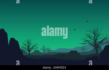 Vista realistica di scogliere e montagne dall'esterno del villaggio Illustrazione Vettoriale