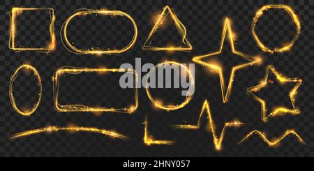 Cornici, bordi, angoli e divisori luminosi in oro magico. Cornice a stella dorata, rettangolo e forme ovali lucenti con set vettoriale glitter. Lusso s Illustrazione Vettoriale