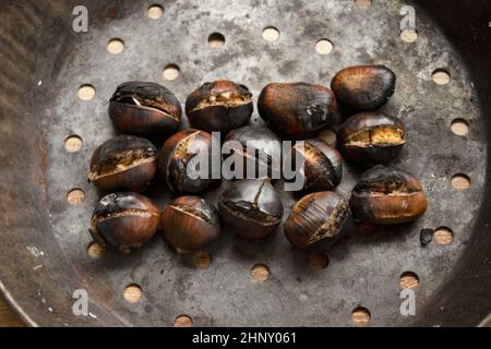 castagne arrosto nella tipica padella forata Foto Stock