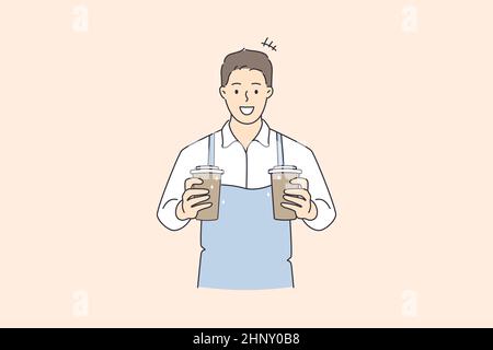 Lavorare come barista nel concetto di caffetteria. Giovane uomo sorridente barista personaggio cartoon indossando grembiule in piedi tenere tazze con caffè bevanda vettore illu Foto Stock