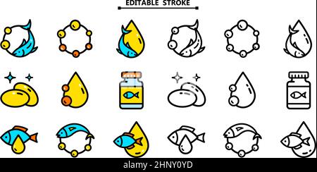 Set di olio di pesce icona isolato su bianco. Tratto modificabile. Raccolta di segni vettoriali colorati di olio di pesce. Modello Vitamina omega 3. Gocce e fish silhouette Illustrazione Vettoriale