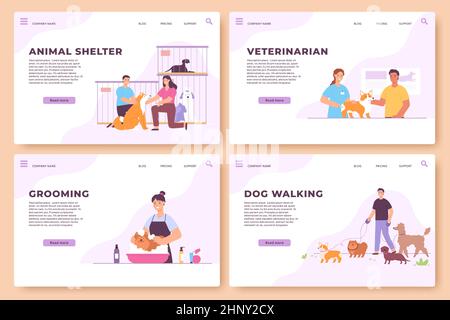Servizio di cura degli animali, grooming, veterinario, deambulazione e rifugio atterraggio. Pagine web per animali domestici salone, veterinario e volontari cane vettore set. Medico Illustrazione Vettoriale