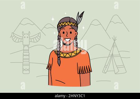 Donna indiana nativa americana in abiti nazionali tradizionali. Sorridente giovane indigena con piuma in capelli indossare abiti etnici. Cultura e div Foto Stock