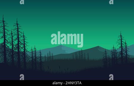 Vista realistica della montagna dall'esterno del villaggio con sagome arsale di pino secco intorno ad esso Illustrazione Vettoriale