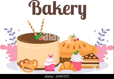 Negozio di panetteria che vende vari tipi di pane come pane bianco, Pasticceria e altri tutti cotti in Flat background per Poster Illustration Illustrazione Vettoriale