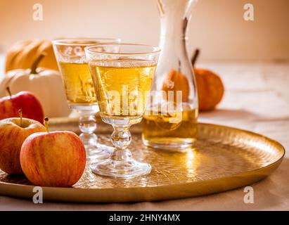 Sidro di mele con mele fresche e zucche per il Ringraziamento e l'autunno Foto Stock