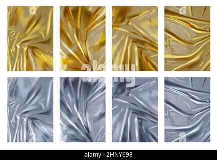 Texture realistica di fogli di argento e lamina dorati sbriciolati. 3d materiale lucido in alluminio e oro con pieghe. Set vettoriale di sfondo di lusso. Illustratio Illustrazione Vettoriale
