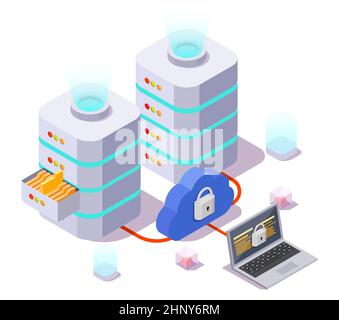 Rack server, computer laptop e cloud con blocco sullo schermo, illustrazione isometrica vettoriale. VPN, sicurezza Internet. Illustrazione Vettoriale