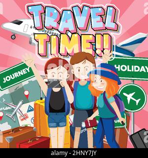 Poster del tempo di viaggio con illustrazione di gruppo dei viaggiatori dei cartoni animati Illustrazione Vettoriale