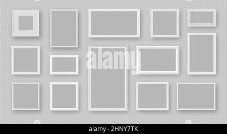 Cornici fotografiche bianche realistiche con quadrato e rettangolo vuoto. Mockups per quadri, quadri o poster. 3d set vettoriale di fotoframes moderni. Illustratio Illustrazione Vettoriale