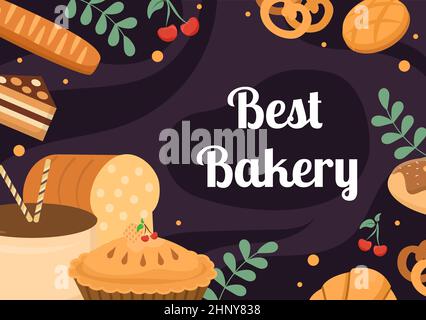 Negozio di panetteria che vende vari tipi di pane come pane bianco, Pasticceria e altri tutti cotti in Flat background per Poster Illustration Illustrazione Vettoriale