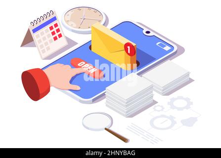 Smartphone con busta e-mail, pulsante di apertura sullo schermo, immagine isometrica vettoriale. Notifica tramite e-mail o messaggio. Illustrazione Vettoriale