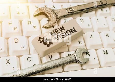 Testo della scrittura New Vision, Word per vedere alcuni futuri sviluppi speranzosi circa il futuro digitando programma Functional Descriptions, Creating New em Foto Stock