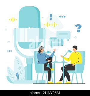 Persone che fanno podcast, contenuti audio in studio, illustrazione vettoriale. Podcasting, broadcasting, concetto di radio online. Illustrazione Vettoriale