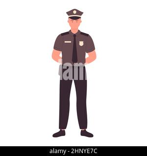 Poliziotto in piedi con le braccia incrociate dietro la schiena. Ufficiale di polizia maschile che indossa un cartoon uniforme di lavoro illustrazione vettoriale Illustrazione Vettoriale