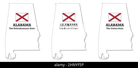 Mappa dello stato dell'Alabama con bandiera e soprannome, USA Illustrazione Vettoriale
