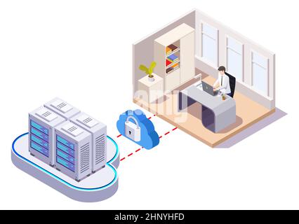 Uomo che lavora su un notebook utilizzando un sistema cloud, illustrazione isometrica vettoriale. Storage di dati, tecnologia di cloud computing. Illustrazione Vettoriale