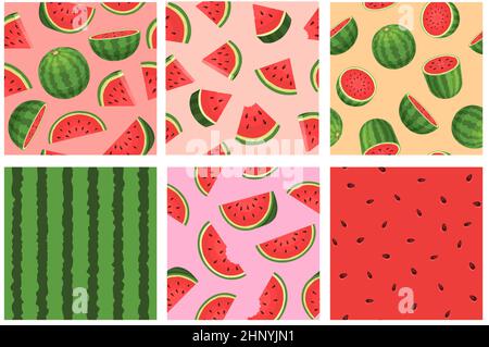 Cocomero cartoon modello senza cuciture, texture rossa con semi. Fette e pezzi di frutta estiva Tropic. Set vettoriale di stampa a striscia verde Watermelon. Figura Illustrazione Vettoriale