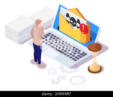 Cranio e crossbone in busta sullo schermo del laptop, illustrazione isometrica vettoriale. Hacking di posta, pirateria, virus, malware. Illustrazione Vettoriale