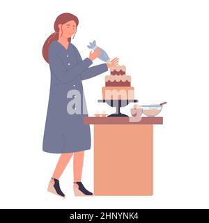 Giovane donna sorridente che decora la torta di pasticceria con la crema. Pasticceria yummy dessert cottura job cartoon illustrazione vettoriale Illustrazione Vettoriale