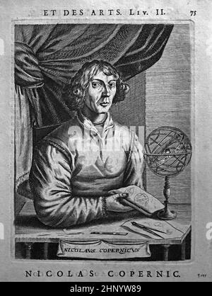 Nicolaus Copernico (1473-1543) Polimato rinascimentale, un matematico, astronomo, e canone cattolico. Ha formulato un modello dell'universo che ha posto il Sole piuttosto che la Terra al suo centro. Incisione di C. de Baulonois 1675 Foto Stock