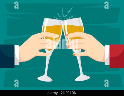 Uomini d'affari mani Holding e Clink Champagne bicchieri. Successo Celebration Party concetto, Cheers, Toast, Flat Vector Illustration Foto Stock