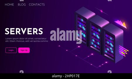 Concetto di storage di big data, database della sala server e data center. Modello di pagina di destinazione Illustrazione Vettoriale