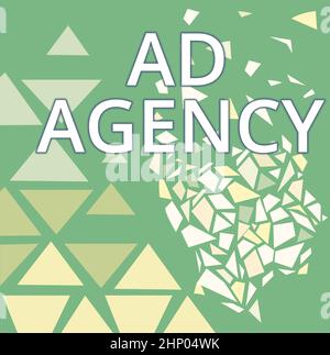 Sign che mostra ad Agency, Word scritto sul business dedicato alla creazione di pianificazione e gestione pubblicità colorata Wallpaper immagine, effetto shatter D Foto Stock