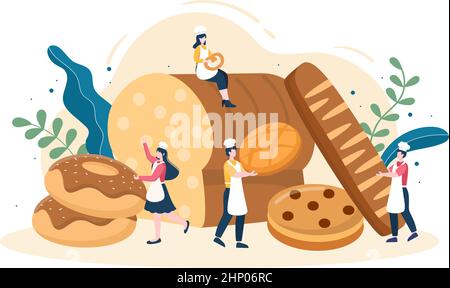Negozio di panetteria che vende vari tipi di pane come pane bianco, Pasticceria e altri tutti cotti in Flat background per Poster Illustration Illustrazione Vettoriale