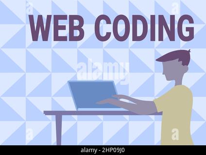 Scrittura a mano segno Web codifica, parola scritto sul lavoro coinvolto nello sviluppo di un sito web per l'uomo d'affari Internet in piedi utilizzando laptop messo in cima Foto Stock
