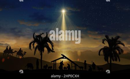 Scena di Natale con stelle scintillanti e stella più luminosa di Betlemme con personaggi natività animati animali e alberi. Natale storia unde Foto Stock