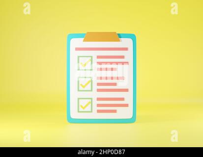 Elenco di controllo degli Appunti, segni di spunta elenco carta topografia report documento su sfondo giallo, simbolo segno icona disegno sito web, illustrazione di rendering 3D Foto Stock