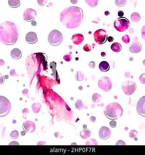 Bolle acquerello di sapone. Sfondo senza cuciture. Ragazza soffia bolle di sapone. Illustrazione vettoriale Illustrazione Vettoriale
