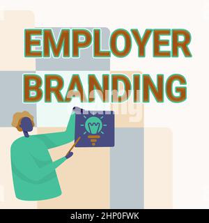 Firma di scrittura a mano Branding del datore di lavoro, concetto del Internet che promuove la scelta del datore di lavoro dell'azienda al gruppo di destinazione desiderato Man Standing Holding Paper con Glowin Foto Stock