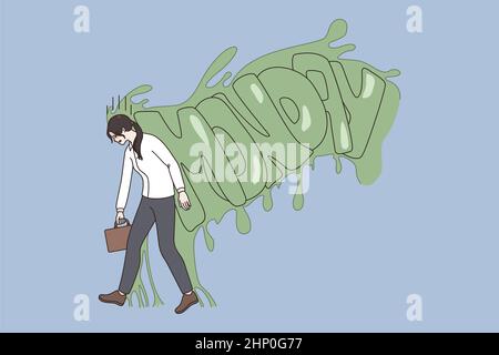 Sensazione di zombie sul concetto Lunedi. Giovane donna stressata lavoratore andando al lavoro sensazione zombie Lunedi illustrazione vettoriale Foto Stock
