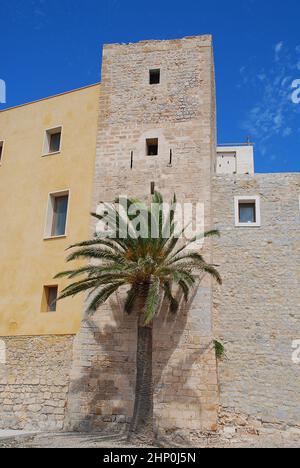 Facciate tipiche della casa nella città di Ibiza, Spagna. Il nome ufficiale della città di Ibiza è la città catalana di Eivissa o Eivissa Foto Stock