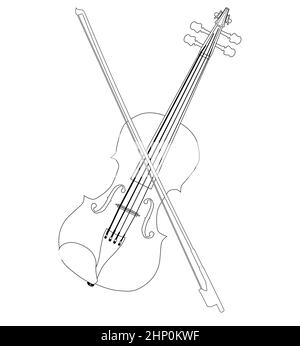 Un tipico violino e arco in linea nera che disegnano isolati su sfondo bianco Foto Stock