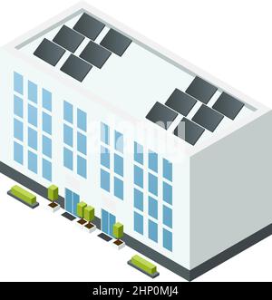 Edificio isometrico con pannelli solari sul tetto. Eco verde città Illustrazione Vettoriale