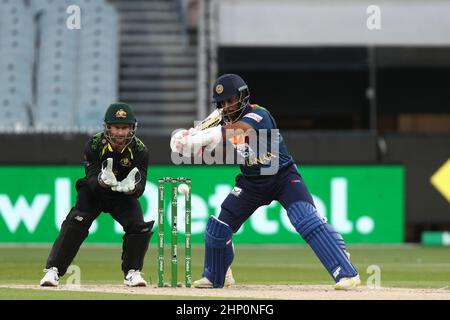 MELBOURNE, AUSTRALIA - FEBBRAIO 18: Il KUSAL Mendis dello Sri Lanka colpisce la palla durante la partita quattro della Serie Internazionale T20 tra Australia e Sri Lanka al Melbourne Cricket Ground il 18 Febbraio 2022 a Melbourne, Australia. Image Credit: brett keating/Alamy Live News Foto Stock