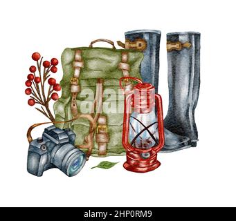 Acquerello Camping clipart. Illustrazione di campeggio selvaggio disegnata a mano. Foresta, disegno escursionistico Foto Stock