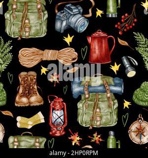 Modello senza giunture foresta. Natura selvaggia. Campeggio watercolor sfondo senza cuciture ideale per biglietti, inviti, feste, striscioni, baby shower, prescolare Foto Stock