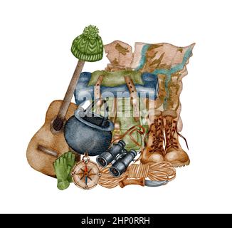 Acquerello Camping clipart. Illustrazione di campeggio selvaggio disegnata a mano. Foresta, disegno escursionistico Foto Stock