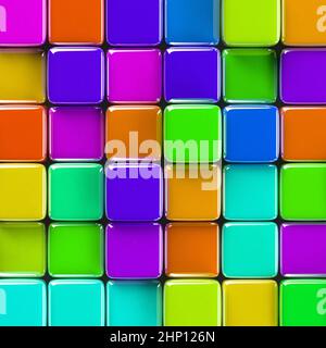 Sfondo geometrico astratto con cubi di vetro di varia altezza dai colori vivaci. Foto Stock