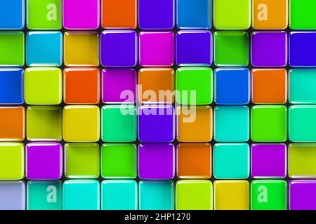 Sfondo geometrico astratto con cubi di vetro di varia altezza dai colori vivaci. Foto Stock