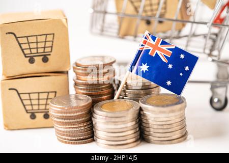 Box con logo carrello e bandiera della Nuova Zelanda Saudita, Import Export Shopping online o eCommerce Finance delivery service store product shipping, tr Foto Stock