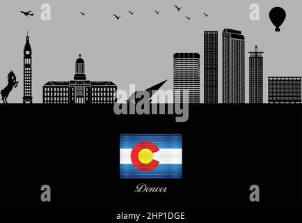 Profilo skyline della città di Denver - illustrazione, Città in sfondo grigio, Mappa del Colorado Illustrazione Vettoriale