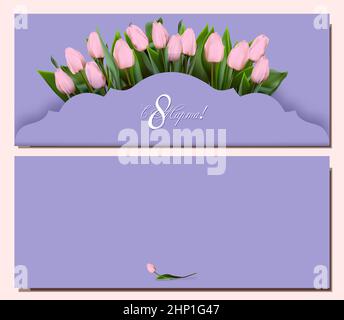 Tessera Festa della Donna Marzo 8. L'iscrizione in russo dal marzo 8Greeting realistico tulipano fiori modello, sfondo floreale di lusso Illustrazione Vettoriale