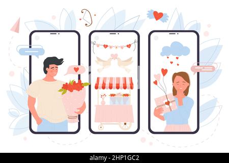 Amore regali sugli schermi di telefoni cellulari illustrazione vettoriale. Cartoon ragazza felice che tiene presente con cuori, ragazzo con bouquet fiori, amou Illustrazione Vettoriale