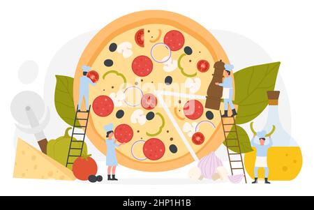 Menu di pizza nel ristorante o caffè italiano con cibo spazzatura. Un team di piccoli chef che tiene deliziose salsicce e pepe di peperoni, gente divertente che serve una pizza enorme Illustrazione Vettoriale